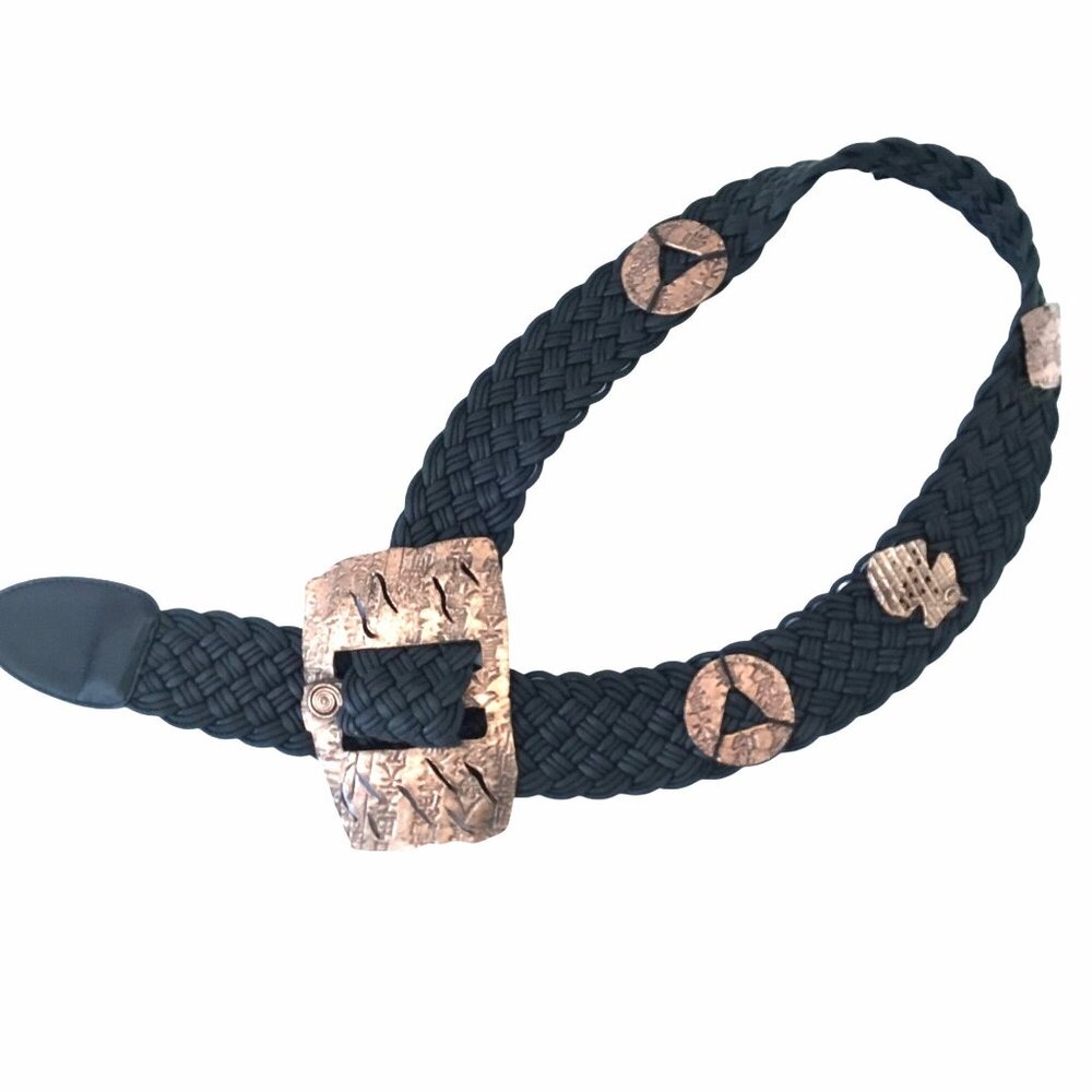 Vintage Black Braided Belt Copper Concho Statement Buckle Adjustable One Size